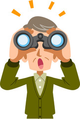 双眼鏡を覗き、なにかに気がつく男性　シニア
