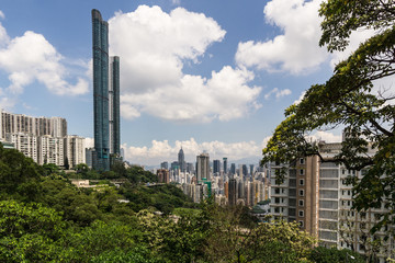 Luxury condo tower on the Wan Chai Gap with the Central business district in Hong Kong island,...
