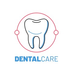 Dental care logo with tooth. Dentistry and healthcare icon in line art style. Modern dental clinic services. Stomatology check up and oral hygiene, whitening and treatment. Beautiful and healthy teeth