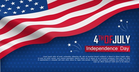 Fourth of July felicitation greeting card. Independence day celebration banner. USA country national event. Waving american flag on blue background. United States of America federal patriotic holiday