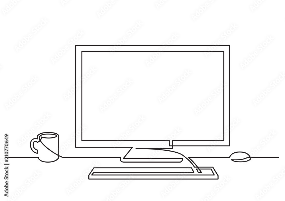 Wall mural continuous line drawing of work desk computer and coffee