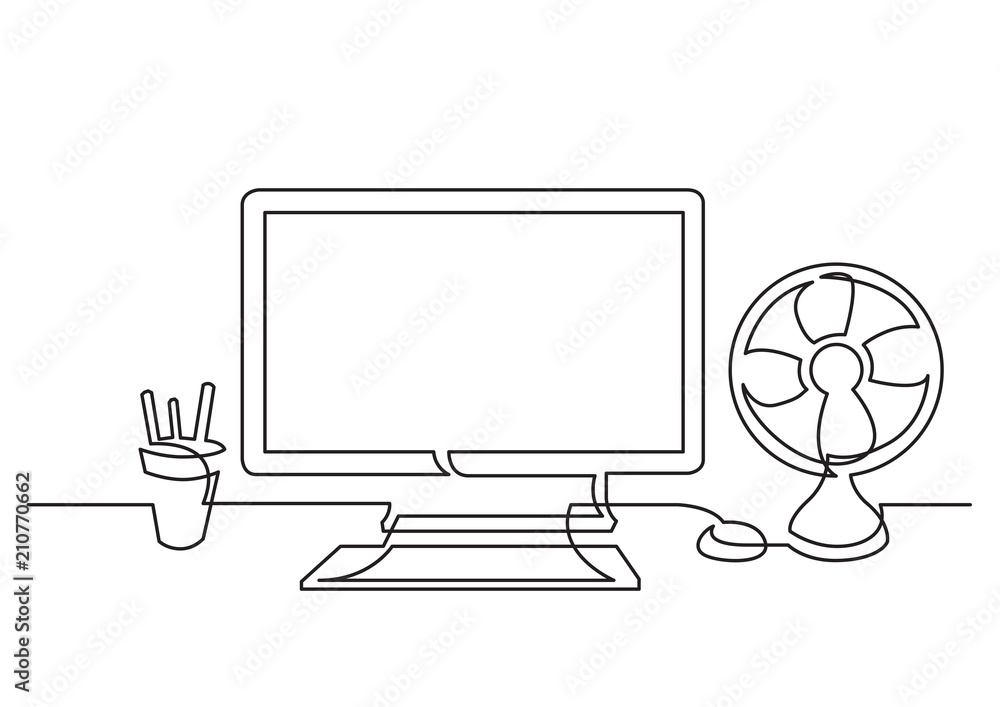Poster continuous line drawing of work desk with computer and cooling fan