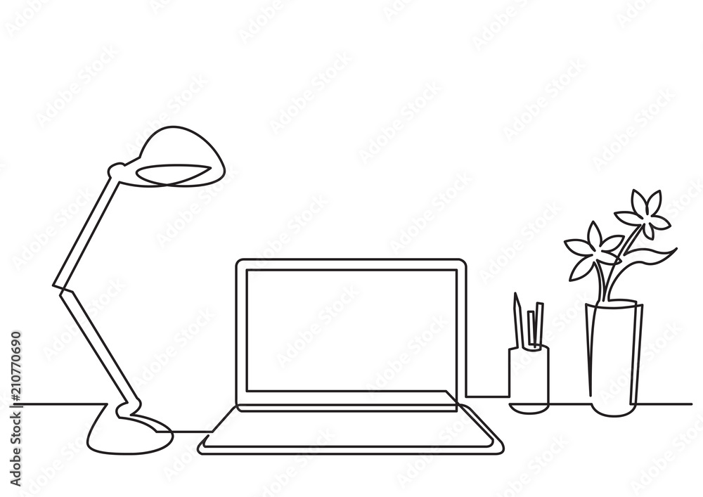 Poster continuous line drawing of work desk with computer lamp and flower