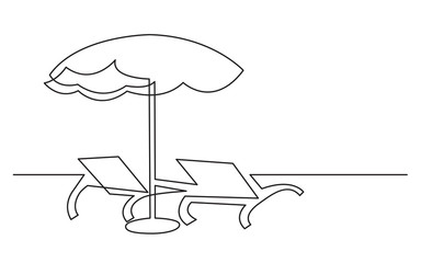 continuous line drawing of beach chairs and umbrella