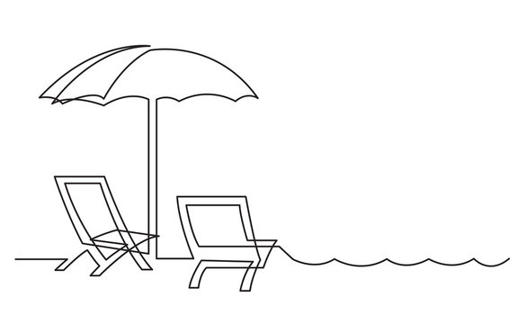 continuous line drawing of beach chairs and sea waves