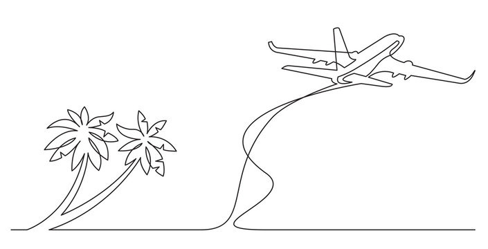 continuous line drawing of palm trees on beach and airplane