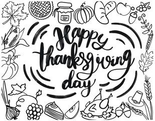 Vector Illustration of Lettering happy thanksgiving day in frame of different leaves and vegetables