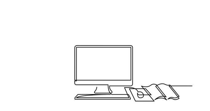 continuous line drawing of work desk with computer and flower