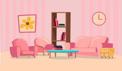 Set of elements for pink living room. Flat design vector