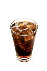 Cola in glass with ice on white background