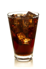 Cola in glass with ice on white background