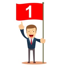 Happy businessman holding number one flag. Successful Start up business concept. Vector illustration