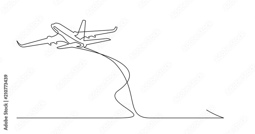 Poster animation of continuous line drawing of palm trees on beach and airplane