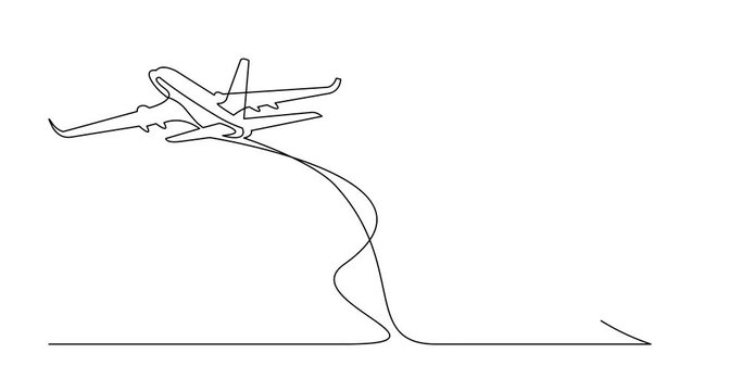 Animation of continuous line drawing of palm trees on beach and airplane