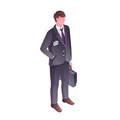 Businessman or office manager vector illustration. Isolated faceless boss man or salesman in business suit, tie and bag, name or access badge and hand in pocket for isometric flat design element