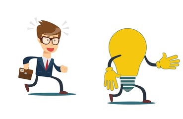 Concept of idea. Cartoon business man are running after a light bulb. Flat design, vector illustration.