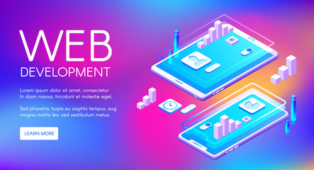 Web development vector illustration of computer and smartphone application software. Digital technology of programming and internet infographic charts on purple ultraviolet background
