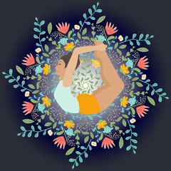 Mandala round background. Bow yoga pose. Dhanurasana Vector illustration