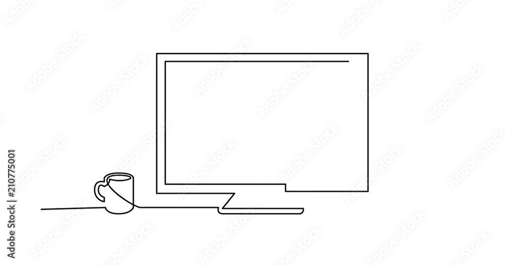 Poster continuous line drawing of work desk computer and coffee