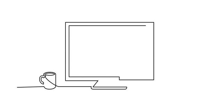 continuous line drawing of work desk computer and coffee