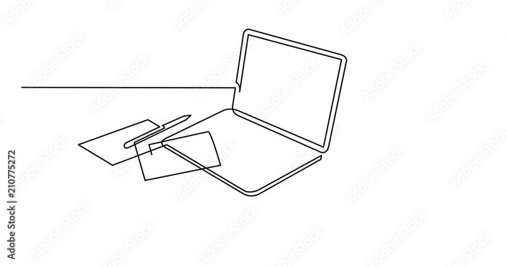Poster animation of continuous line drawing of laptop computer papers and cup of tea