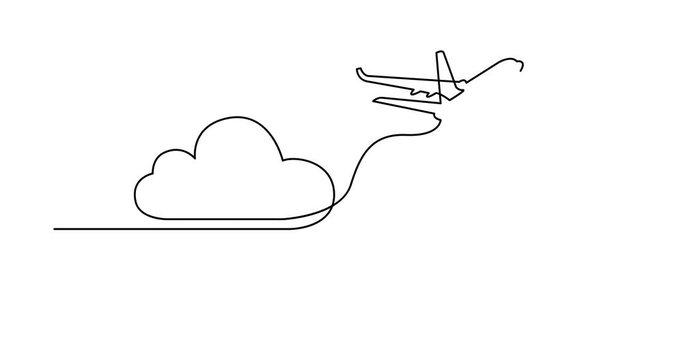 Animation of continuous line drawing of flying passenger plane