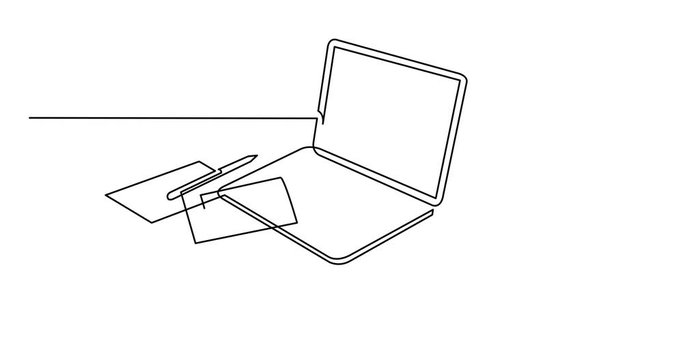 Animation of continuous line drawing of laptop computer papers and cup of tea