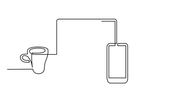 Animation of continuous line drawing of laptop computer mobile phone