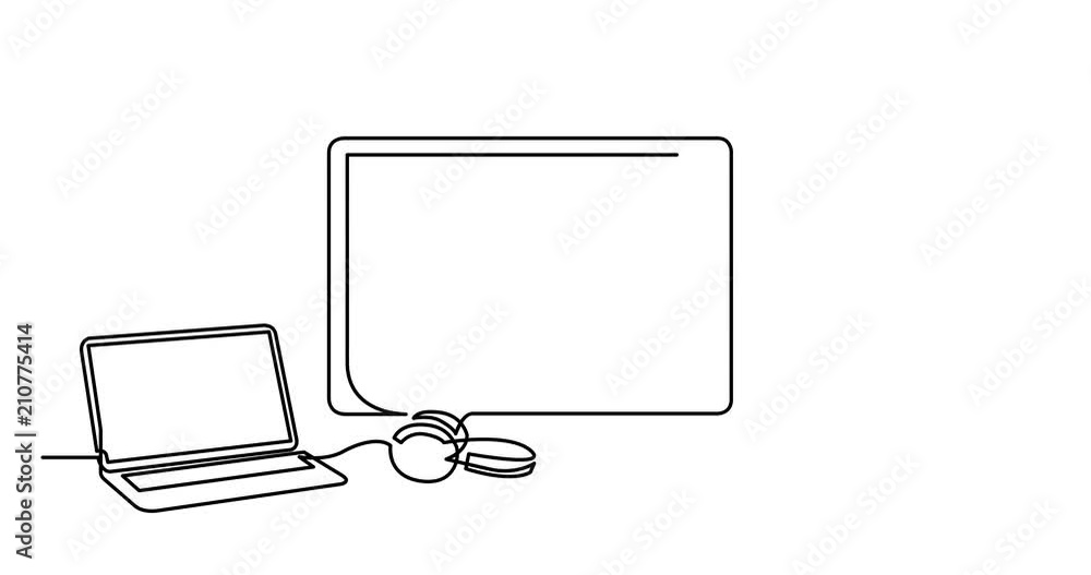 Poster animation of continuous line drawing of desktop computer laptop and mug