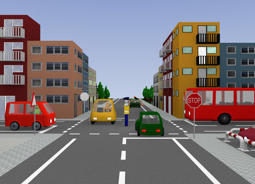 Stadtansicht mit Verkehrssituation: Verkehrsregelung durch einen Polizisten, freie Fahrt. 3d render