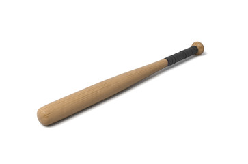 3d rendering of a single wooden baseball bat with a wrapped handle isolated on a white background.