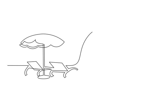 Animation of continuous line drawing of beach chairs umbrella and passenger jet