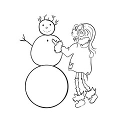 Cute girl sculpts a snowman. Winter games. Vector simple illustration.