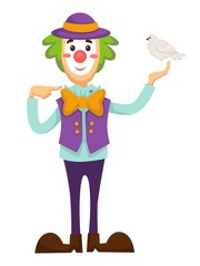 Clown vector circus trick with dove bird in hand