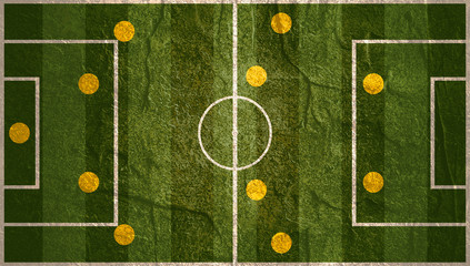 Soccer or football game strategy plan. Flat striped green field. Sport info graphics element.