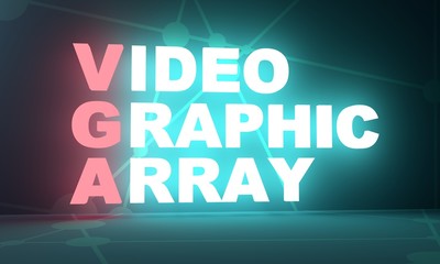 Acronym VGA - Video Graphic Array. Technology conceptual image. 3D rendering. Neon bulb illumination