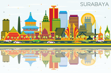 Obraz premium Surabaya Indonesia Skyline with Color Buildings, Blue Sky and Reflections.
