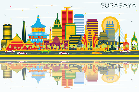 Surabaya Indonesia Skyline with Color Buildings, Blue Sky and Reflections.