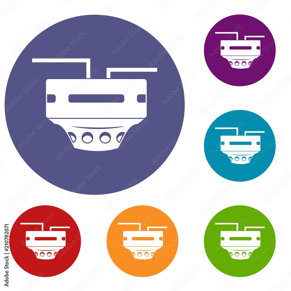 Poster monitor socket icons set in flat circle red, blue and green color for web