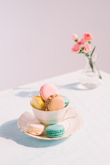Delicious french dessert. Colorful pastel cake macaron or macaroon