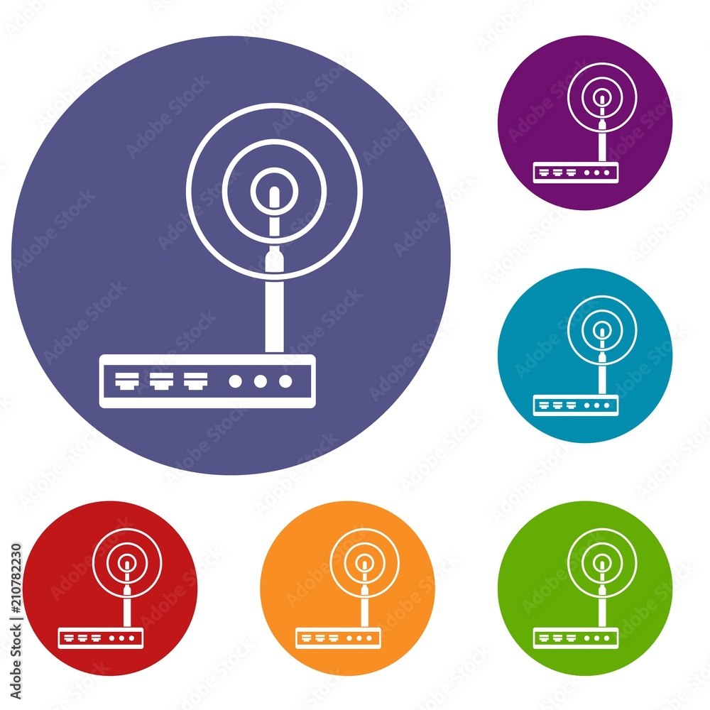 Poster wifi router icons set in flat circle red, blue and green color for web
