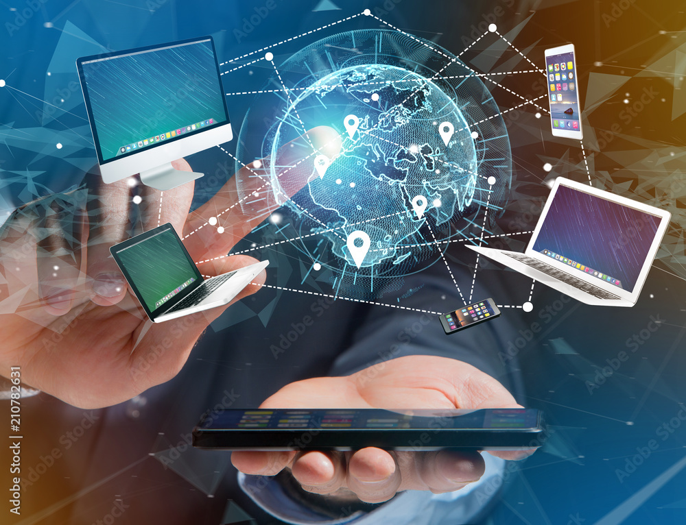Poster computer and devices displayed on a futuristic interface with interantional network - multimedia and