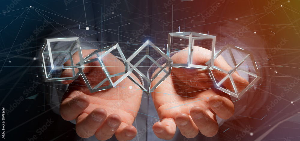 Poster man holding a 3d rendering blockchain cube isolated on a background