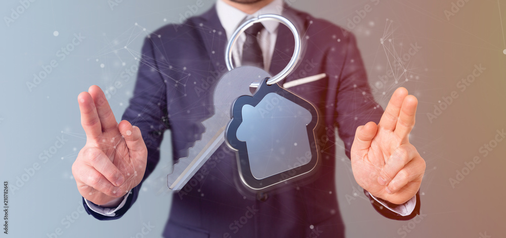 Poster man holding a key and house 3d rendering