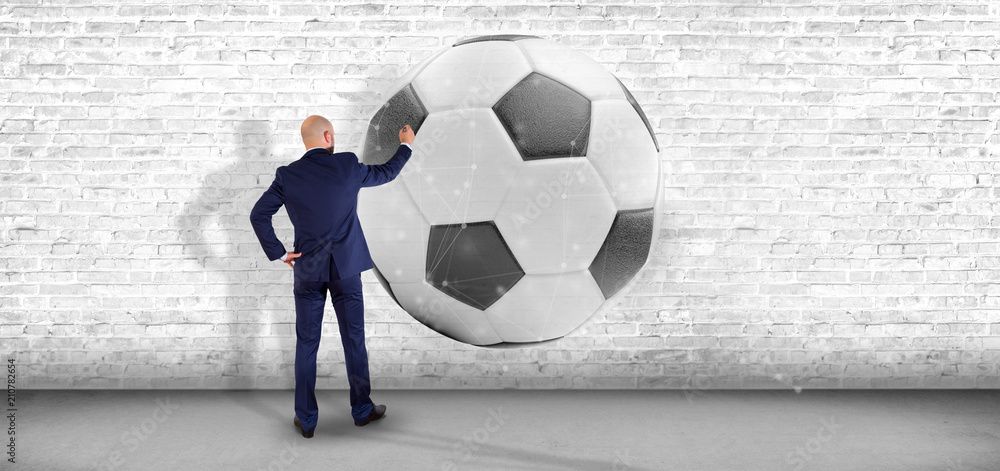 Poster man holding a football ball and connection isolated 3d rendering
