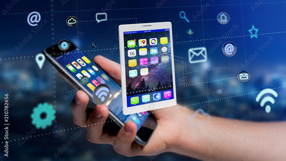 Aufkleber businessman using a smartphone with a tablet surrounding by app and social icon - 3d render