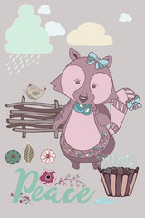 Cute raccoon animal hand drawn illustrations set. Vector illustration in cartoon style.