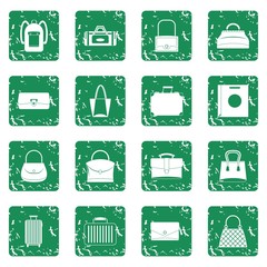 Bag baggage suitcase icons set in grunge style green isolated vector illustration