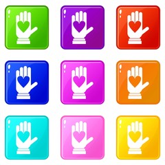 Hand with heart icons of 9 color set isolated vector illustration