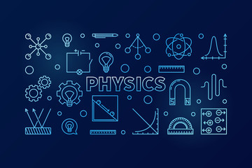 Physics vector blue horizontal banner. Science illustration